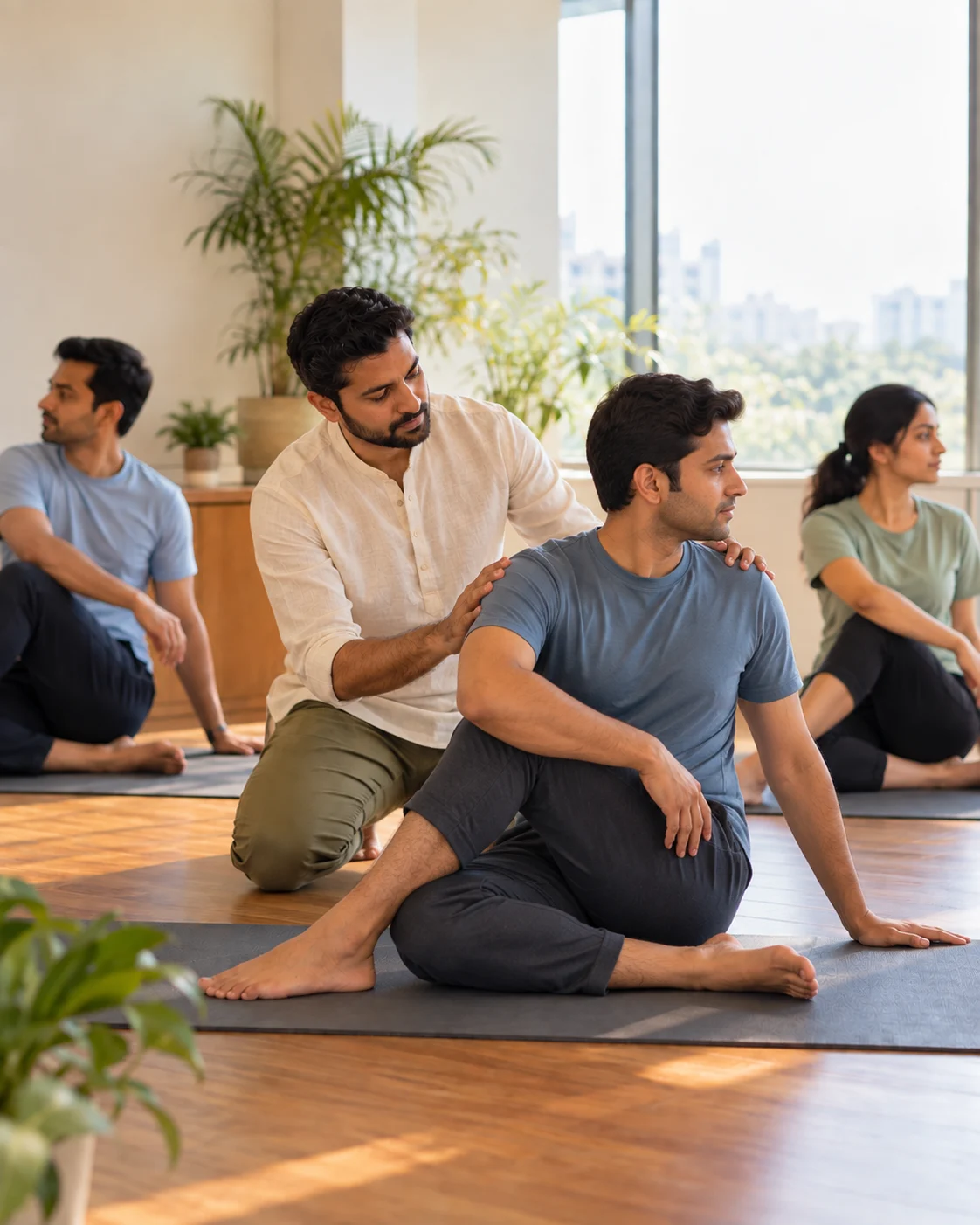 Students in a seated twist